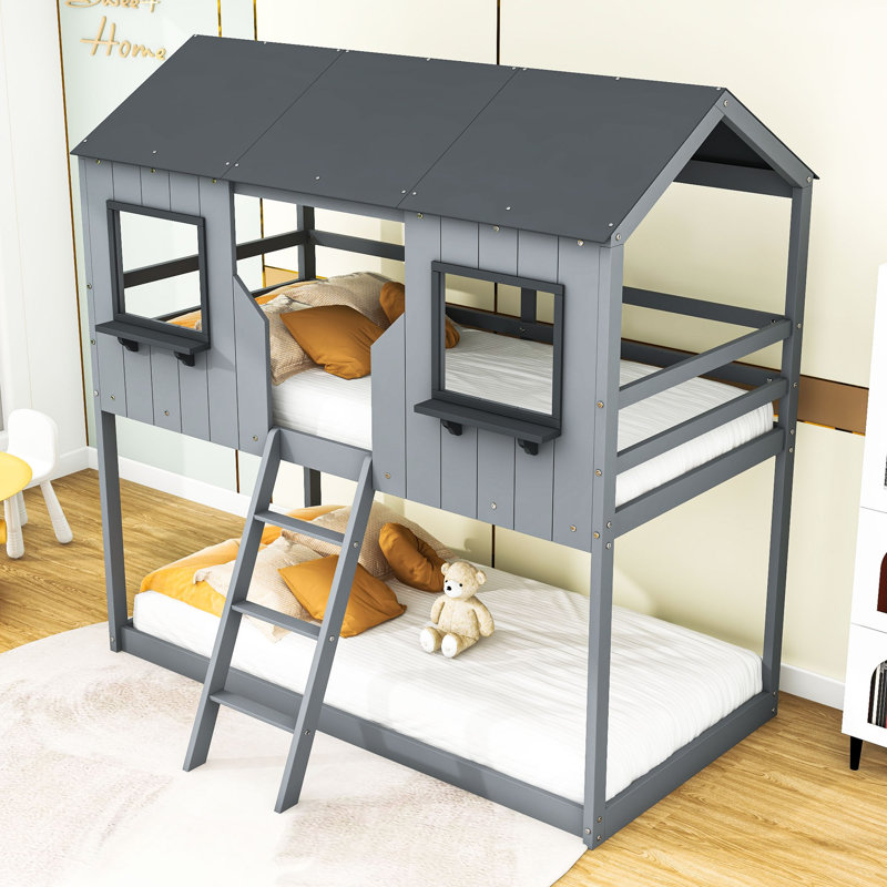 Arlton Twin Over Twin Wooden Playhouse Bunk Bed With Roof, Window And Guardrail, Gray