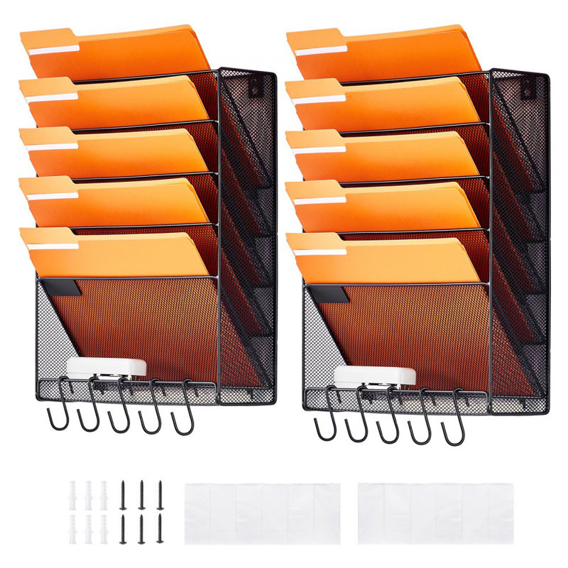 Organisateur de dossiers muraux suspendus, porte-classeur mural vertical à 2 pochettes 2 pièces, dossier de rangement mural en papier pour magazines, étiquette de nom, plateau plat inférieur, pour la maison et l'école