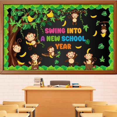 Ensemble de babillard Summer Monkey - Décorations de classe de la jungle pour la rentrée scolaire avec découpes d'animaux et étiquettes