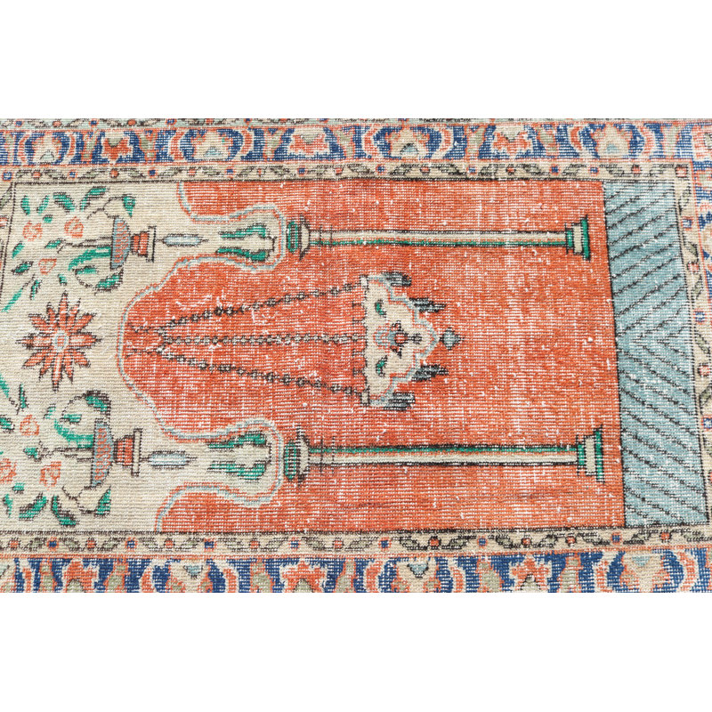 Vintage Turkish Prayer Rug with Floral Design and Handmade Anatolian Touch for Home Decor in Small Size