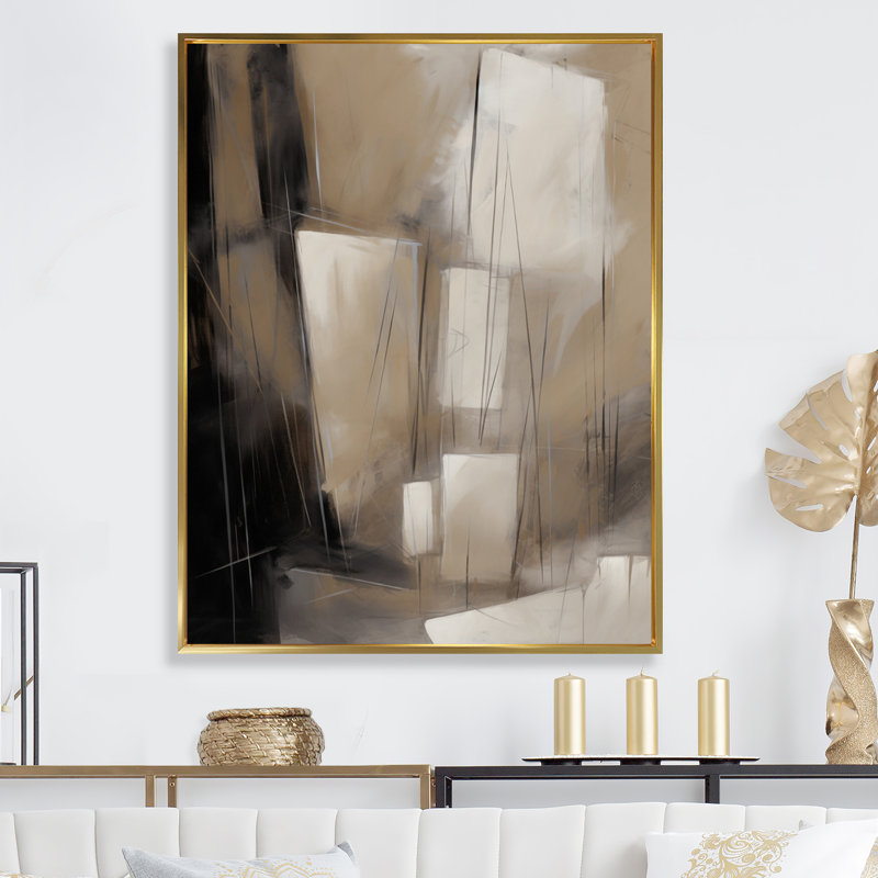 Mélange géométrique gris beige Phebe I, H 32 po x l 24 po x P 1 po, Cadre flottant doré
