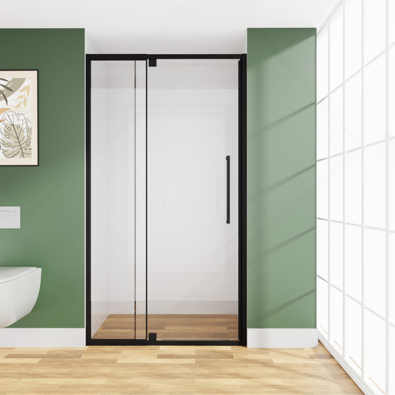 Semi-Frameless Pivot Hinged Glass Shower Door 44-48"W x 72"H,1/4" (6mm) Tempered Glass, Matte Black Finish, Reversible Glass Shower Door