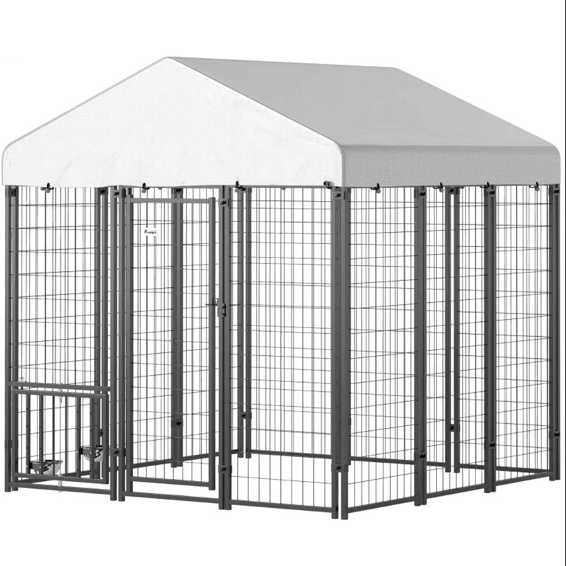 Chenil d'extérieur pour chien avec toit, avec bols réglables à 4 niveaux, argent, noir