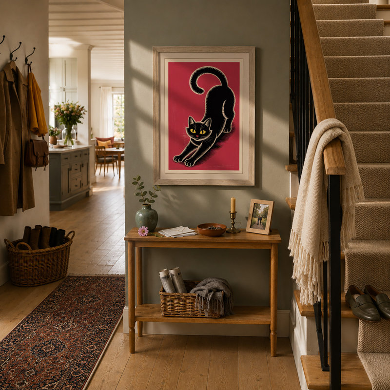 Stretching Cat Art Deco - Print, Oak, A4 - 29.7 x 21.0 cm