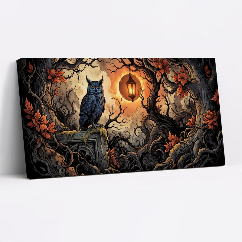 Chouette bleue perchée sur pierre avec lanterne suspendue, art d'Halloween, L 32 po x H 16 po