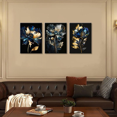 Abstract Blue And Gold Flower Canvas Wall Art Set Of 3 Blooming Flowers Paintings Pictures Wall Decor Modern Neutral Black Luxury Posters Prints For Bedroom Living Room Home Decoration 16X24in