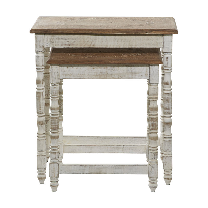 Ensemble de 2 tables gigognes en bois de manguier massif Fulcher, Naturel, Blanc