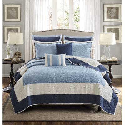 Courtepointe double / grand 7 pièces avec coussins décoratifs et taies décoratives européennes - bleu marine, motif à médaillon, bordure réversible de couleur unie, microfibre