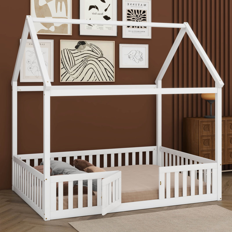 Full Size Wood House Bed with Fence, White