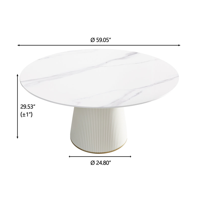 Table de salle à manger ronde blanche 59,43 "beige, base en polyuréthane rempli de contreplaqué, bureau en pierre frittée, Scratch, chaleur et feu, pour 8 personnes dans la zone