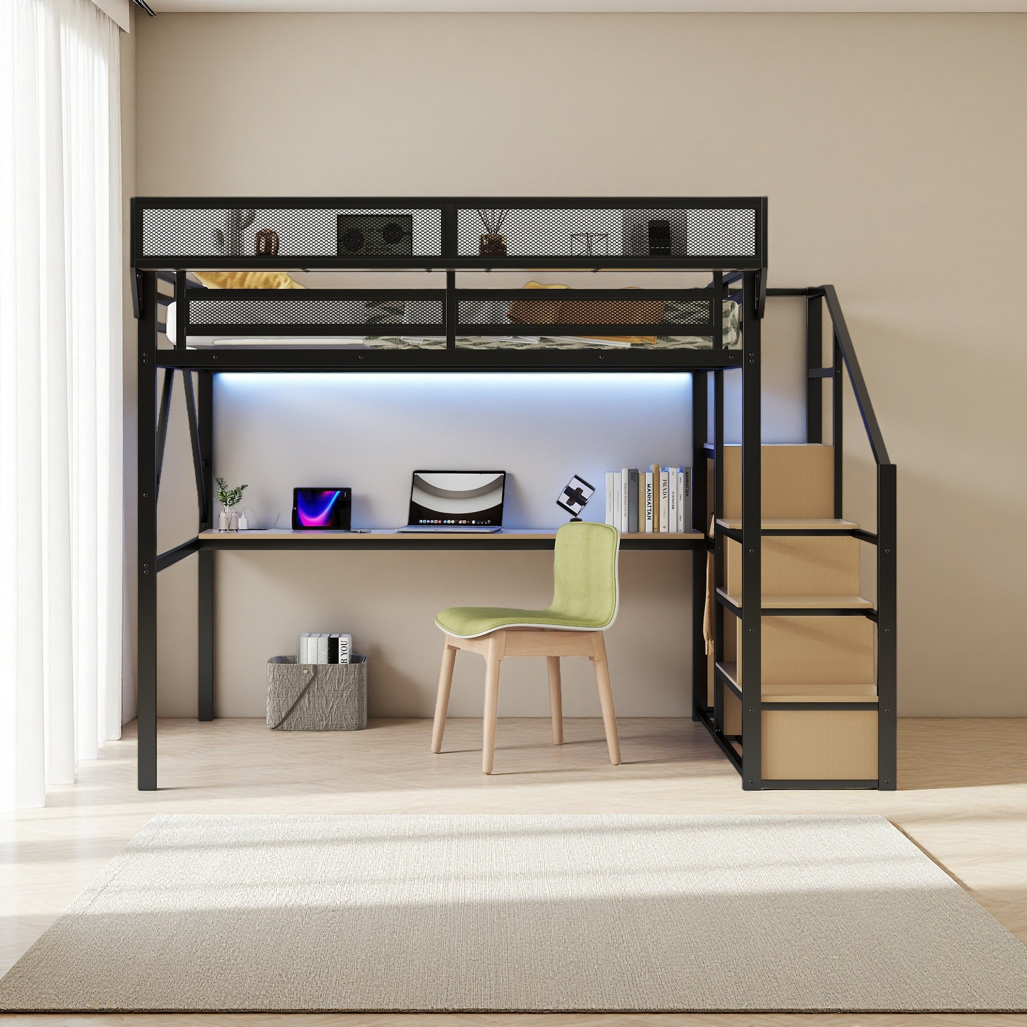 Harriet Bee Queen Loft Bed With Desk And Charging Station, Queen Size ...