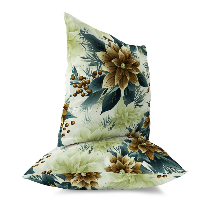 Holiday Floral Blue and Coffee Square Throw Pillow