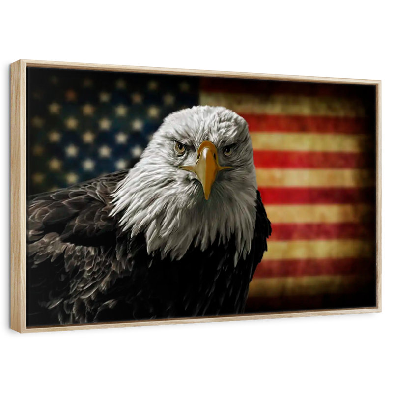 Aigle et drapeau de l'Amérique, 25 po x 17 po, Cadre flottant en bois naturel