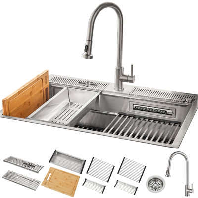 Évier de poste de travail encastré / encastré à 3 niveaux avec robinet, cascade et lavabo en verre FORNO ACQUA
