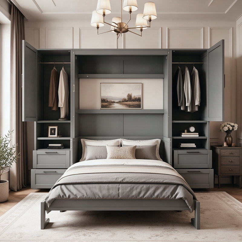 Lit escamotable complet avec garde-robe, tiroirs et tablettes, Gris (nouveau SKU)