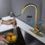 Robinet d'évier de cuisine à poignée simple en or brossé avec bec rétractable, buse à arc élevé tournant sur 360 ° pour une utilisation polyvalente de l'eau, levier facile à contrôler, surface rouillée, bulles d'aérateur remplies de bulles et éclaboussures en douceur