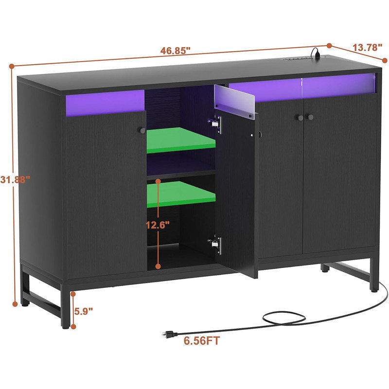 Black MDF Sideboard Buffet Cabinet with LED Light and Power Outlet