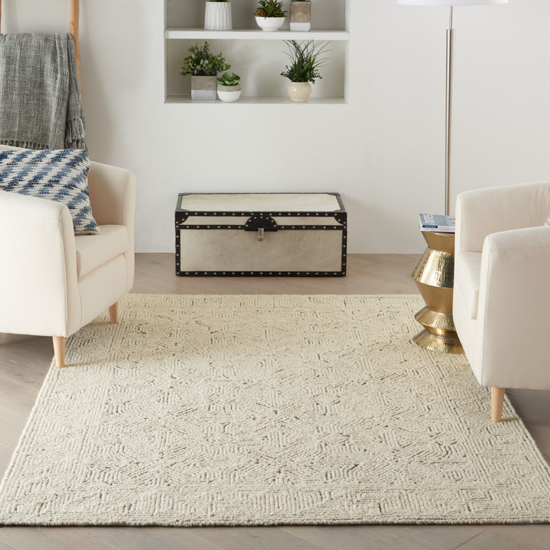 Tapis bleu marine / bleu / beige en laine touffeté Joseph, Rectangle 8 pi 3 po x 11 pi 6 po