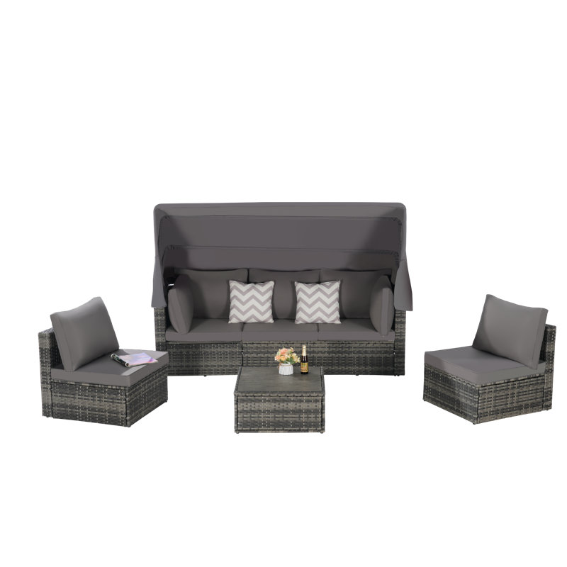 de jour en osier pour terrasse avec auvent rétractable, table d'appoint et coussins moelleux pour la détente dans la cour ou le porche