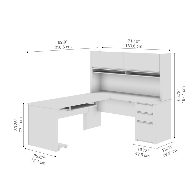 72-inch L Shaped Desk with Drawers, Hutch, and Keyboard Tray in Antigua and Black, Antigua/Black