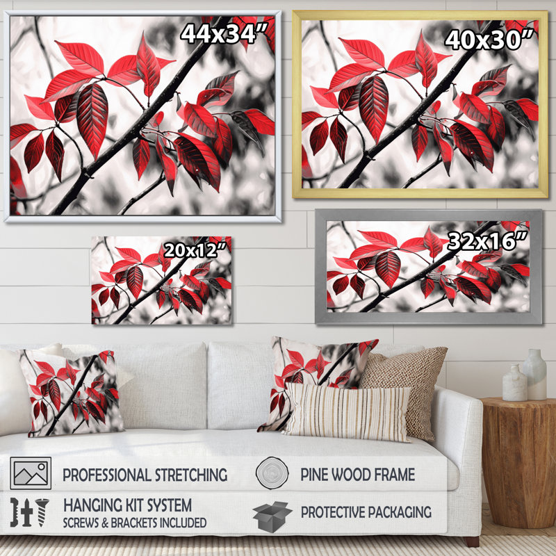Feuilles rouges et grises sur un arbre II, Cadre photo blanc, H 24 po x l 32 po x P 1 po