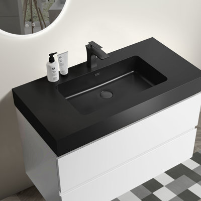 36" Bathroom Vanity - White With Black Basin, Elegant Look, Space Optimization, Silent Op Modern Elegance, Finish, Sink, And Seamless
