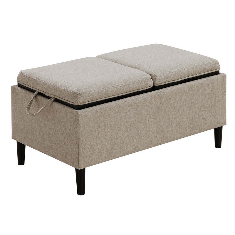 Maggie Upholstered Ottoman with Reversible Tray and Solid Wood Legs, Soft Beige Fabric