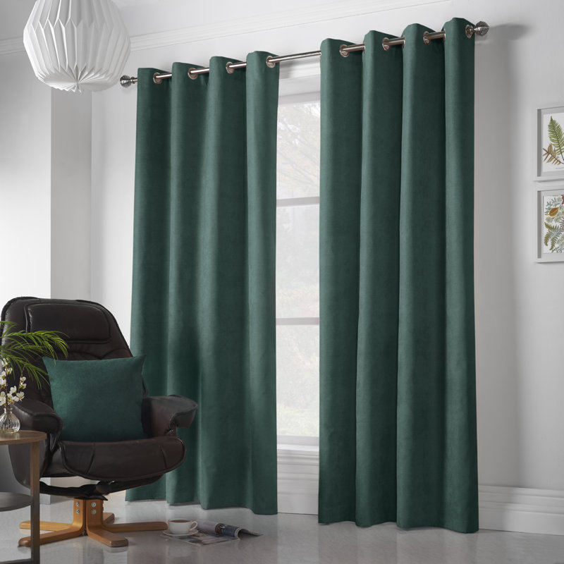 Nalaiyah Velvet Chenille Eyelet Room Darkening Curtains, Green, 142cm Width x 229cm Drop