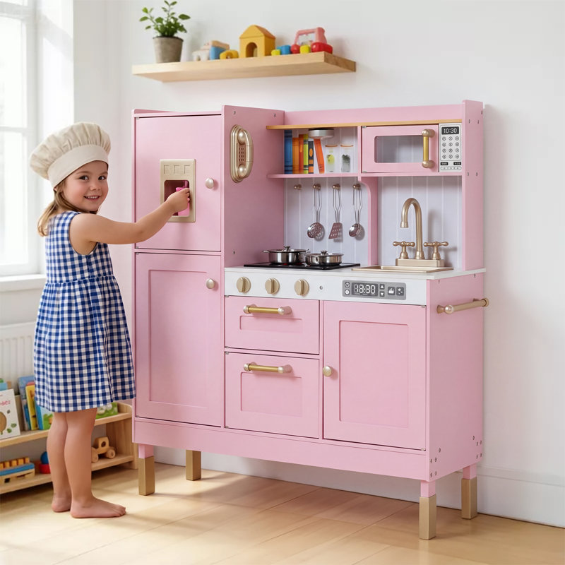 Pretend Play Kitchen Wooden Toy Set for Kids w/Lights & Sounds, Utensils, Oven, Microwave, Gift for Boys Girls Age 3+, Pink