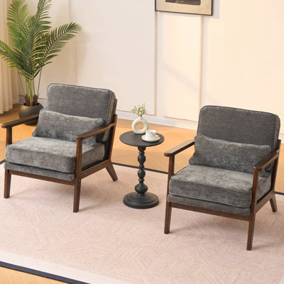 Fauteuil d'appoint moderne du milieu du siècle, fauteuil lounge en tissu avec accoudoirs droits en bois d'hévéa et coussin lombaire, gris foncé antique pour salon ou chambre