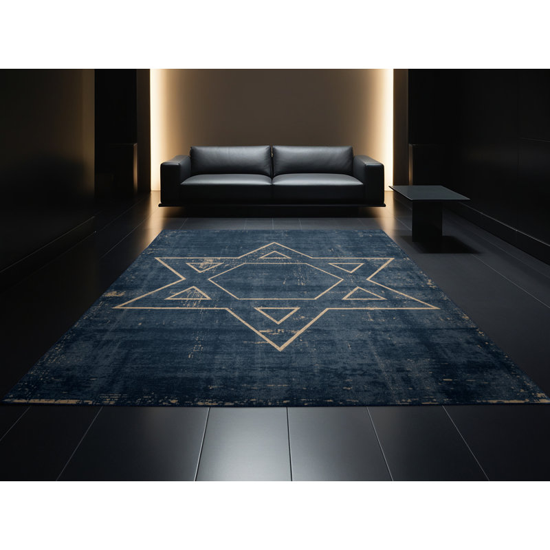 Soft Plush Fellman Hanukkah Modern & Contemporary Abstract Area Rug in Grey – Navy Binding, 2x4