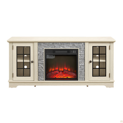 58" TV Stand With 2-Door Storage & 18" Electric Fireplace, Faux Stone Media Console Cabinet