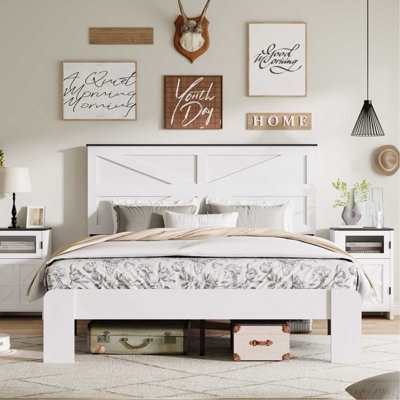 Tête de lit double, cadre de lit plateforme en bois, silencieux, aucun sommier nécessaire et outil d'assemblage facile, grand rangement sous le lit, blanc