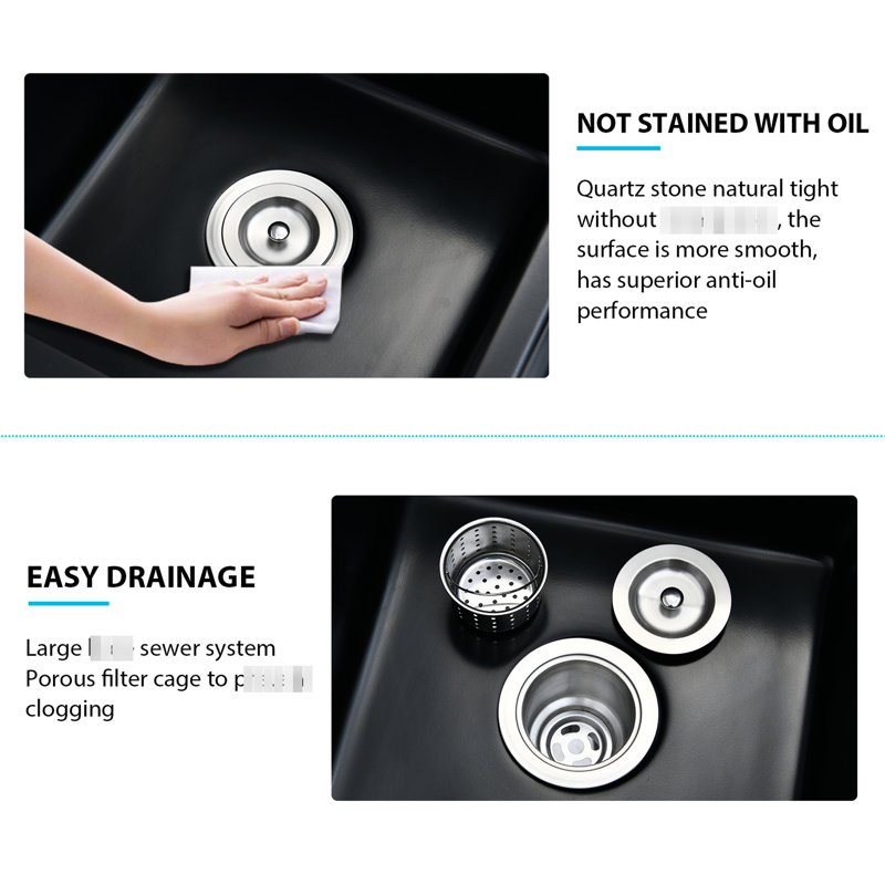 Évier de cuisine encastré à double cuve en quartz noir 32 po x 18 po - Chaleur, crépine avec panier antirouille pour un drainage sans obstruction et sans faille
