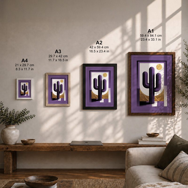 Desert Saguaro Art Deco - Framed Print, A2 - 59.4 x 42.0 cm, Walnut