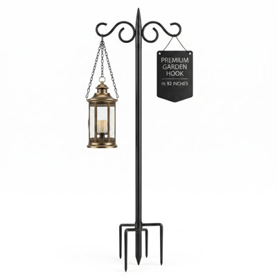 Support double en forme de crochet de berger pour jardin, crochet de suspension extérieur en métal de 234 cm avec base à 5 branches, style volute, idéal pour lanternes, mangeoires à oiseaux, carillons et décorations de jardin.