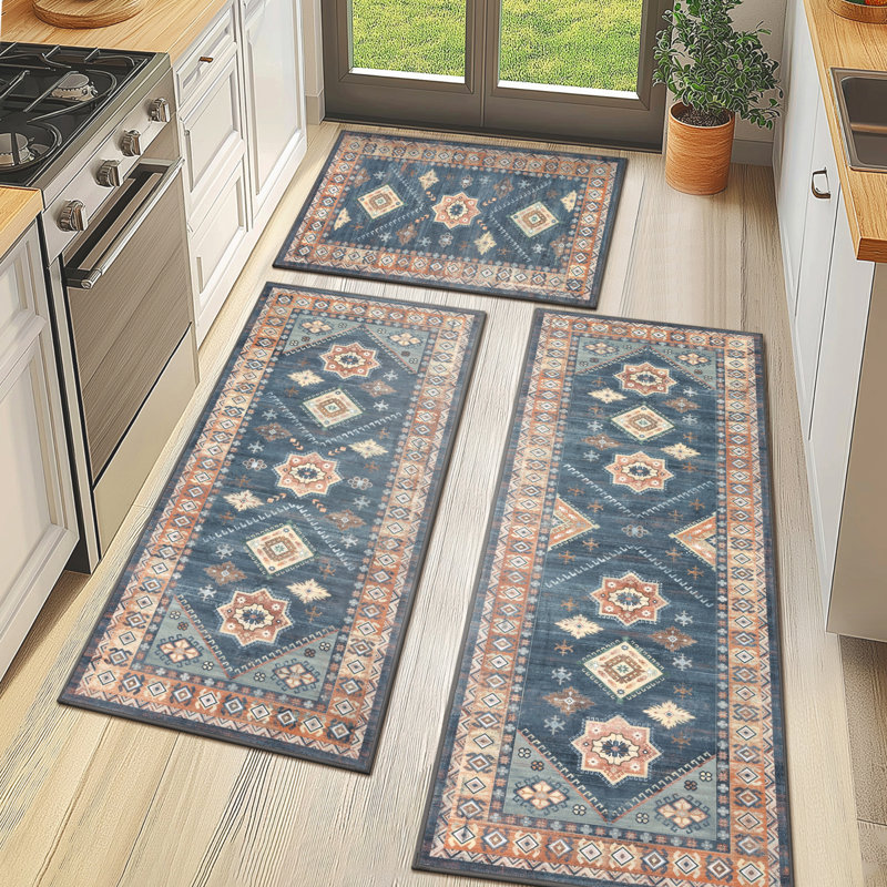 Tapis de cuisine antidérapant lavable à la machine (ensemble de 3), Bleu marine / brun clair