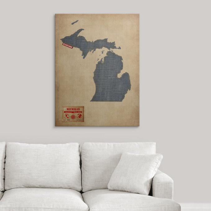 «Michigan Map Denim Jeans Style» par Bellen, impression, H 36 po x l 27 po x P 1,5 po, Toile