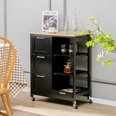 Rubber Wood Counter Top Kitchen Island Storage Cart with 3 Large Drawers