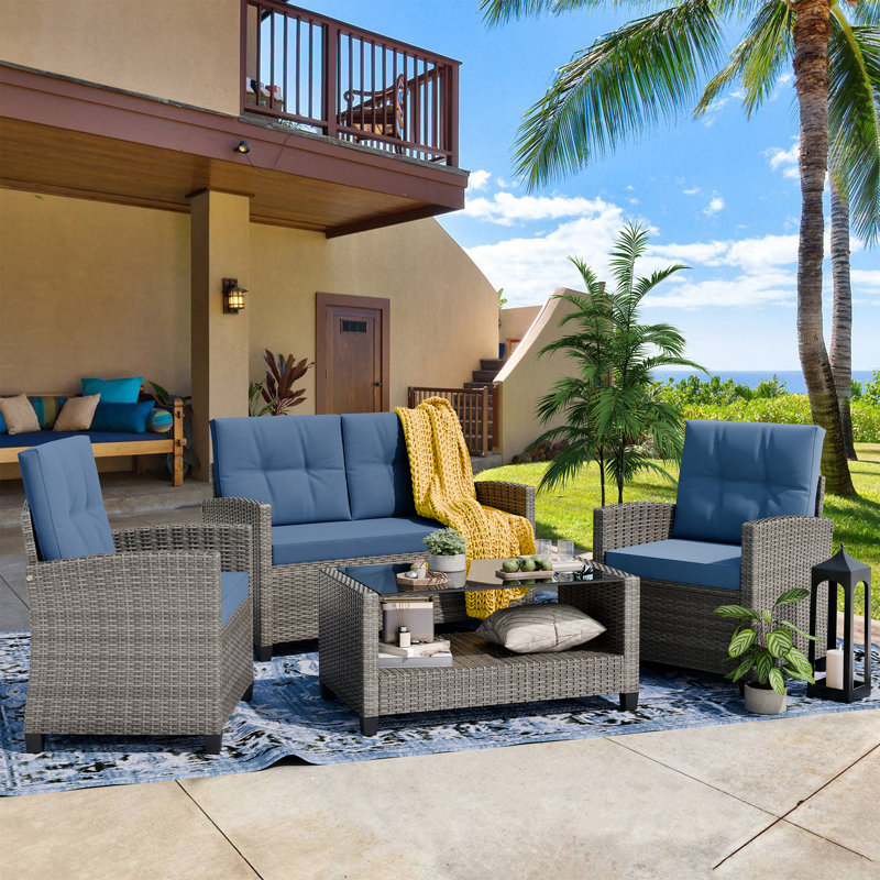 Amei 4 - Person Patio Conversation Sets With Cushions, Deep Blue Cushion/Gray Frame