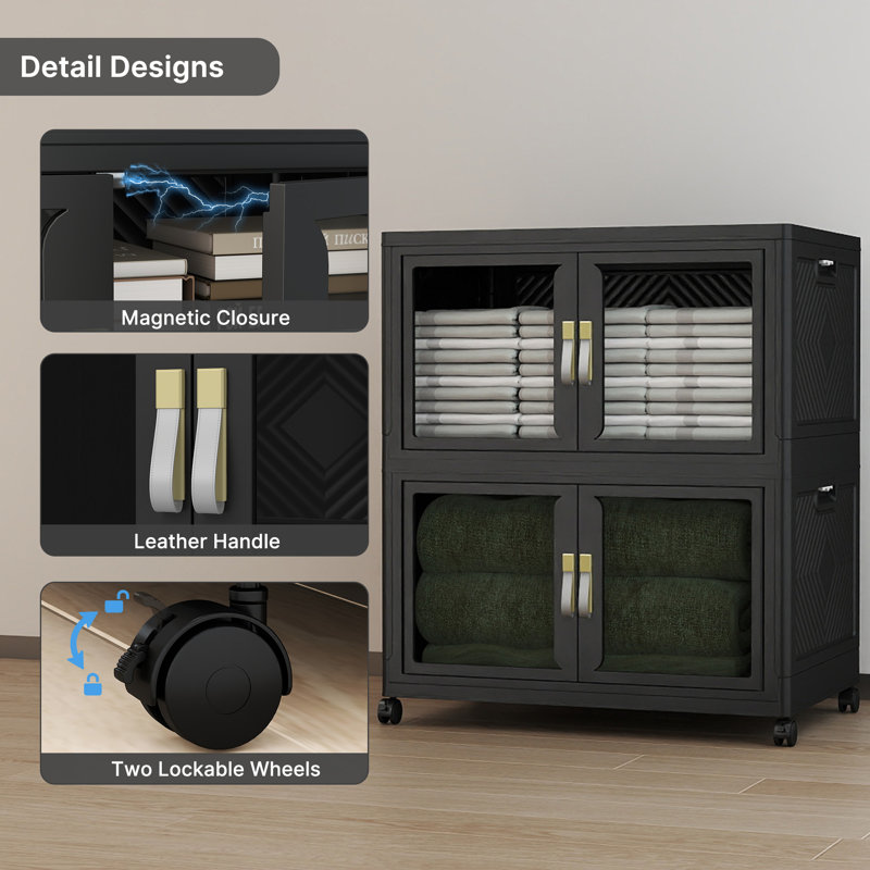 2-Tier Black Stackable Foldable Storage Bins with Lid & Wheels, 160 QT Single Bin, 2 Layers