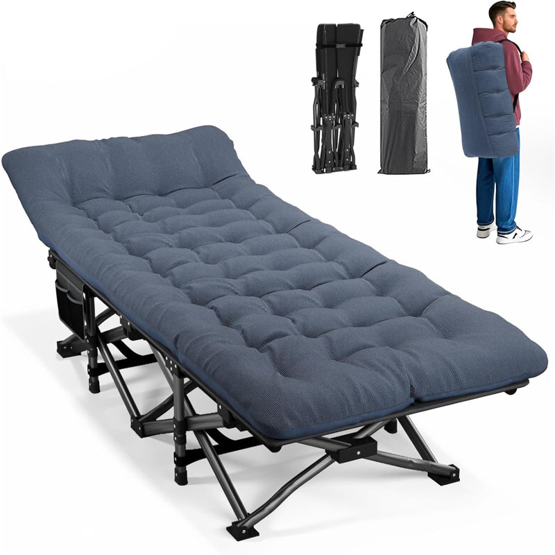 Lit de camp pliable portatif pour adultes avec coussin confortable, structure en acier robuste pouvant supporter 450 lb, installation et rangement faciles