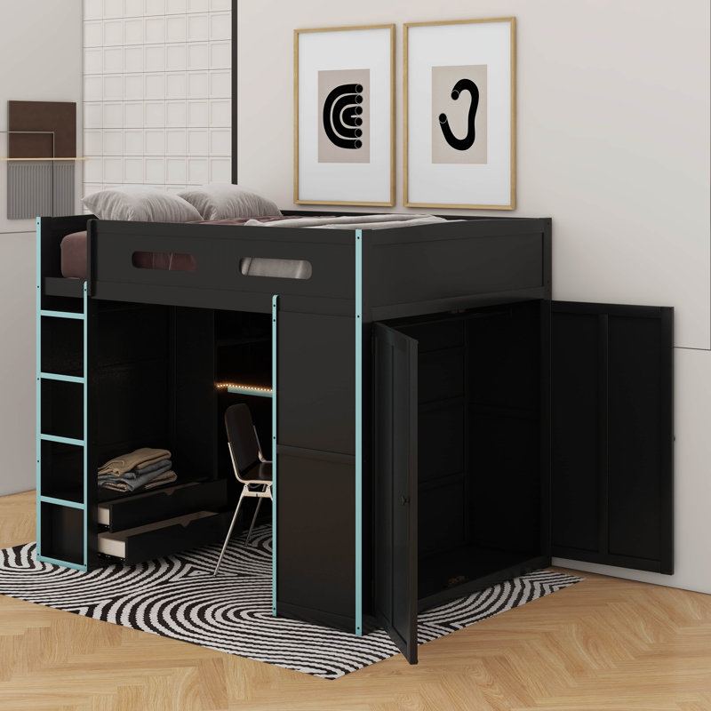 Lit mezzanine double en bois avec bureau, garde-robe et lumière DEL RVB, Bleu nuage