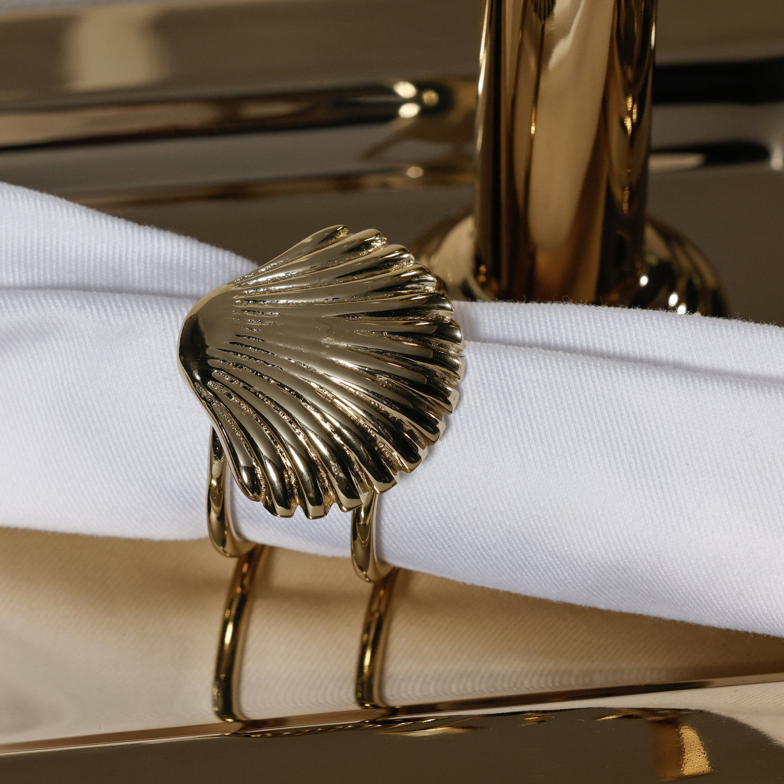 Cap Ferrat Fan Shell Brass Napkin Rings, Gold