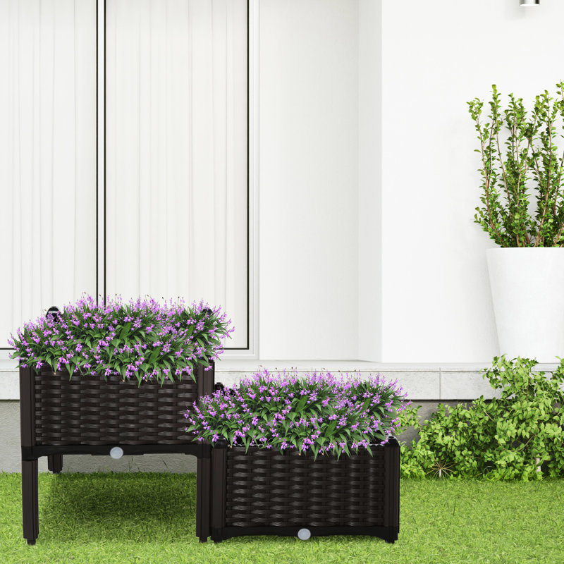 Lit de jardin surélevé auto-arrosant avec pieds. Gris, pour l'entretien des plantes. Polypropylène, pieds à niveaux optimaux, boîte à fleurs. Fleur, herbe, culture de légumes. Contrôle du débit d'eau