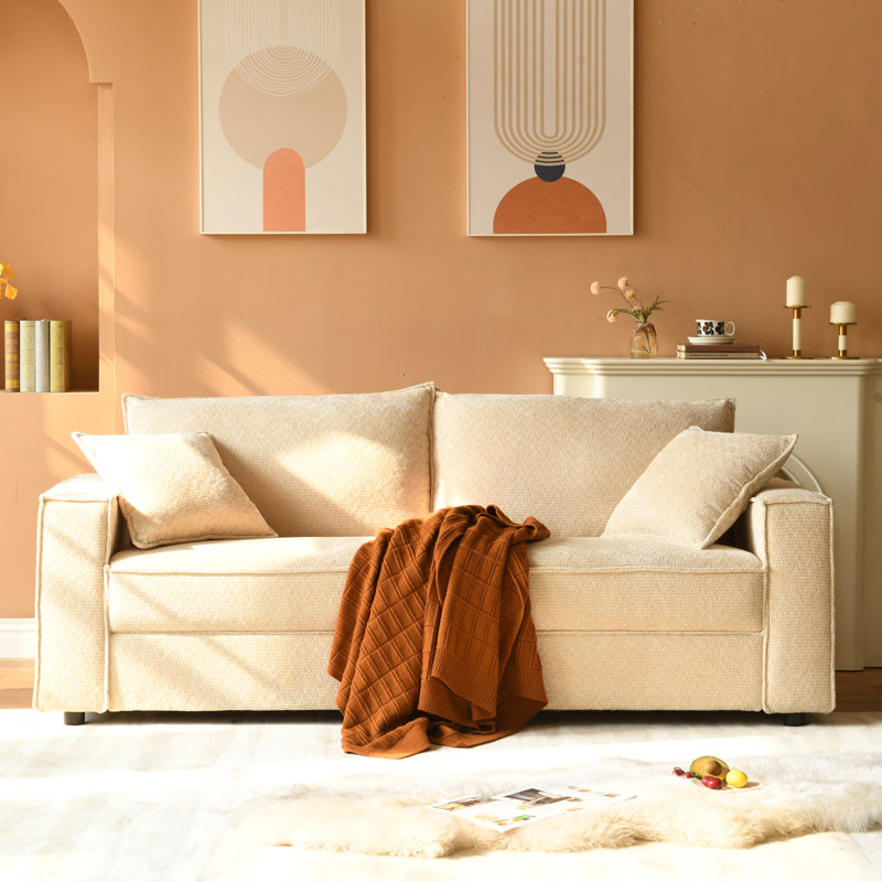 Canapé rembourré 3 places 79,5 po avec accoudoirs carrés et 2 coussins Alcantara, Beige