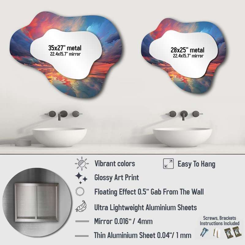 Ocean Infinity Majestic Sunset Cloud Reflections - Blue Cloud Mirror, Ocean Asymmetrical Unique Wall Mirror, Printed Metal Art