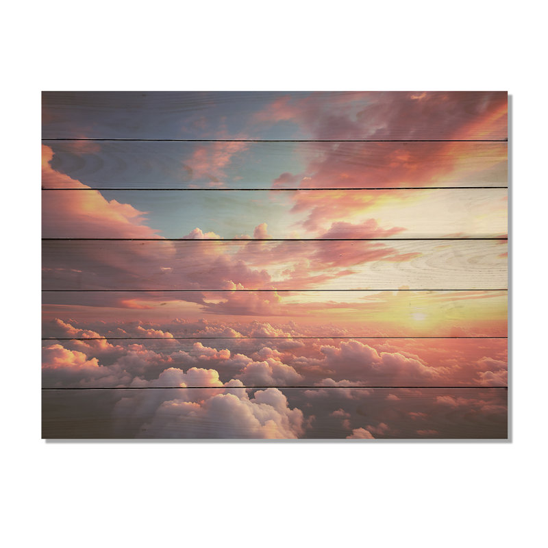 Coucher de soleil jaune et rose dans le ciel III - Ciel sur bois, H 10 po x l 20 po