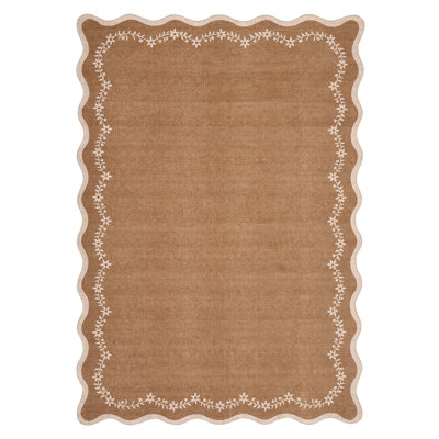 Floral Scalloped Non Slip Washable Area Rug for Living Room Bedroom, Low Pile  Thin Solid Home Decor Carpet