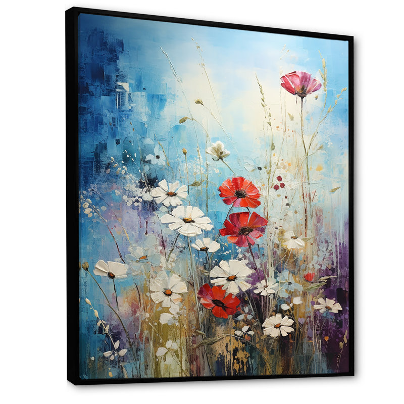 «Meadow View I», art mural rouge et blanc, H 44 po x l 34 po x P 1,5 po, Cadre flottant noir